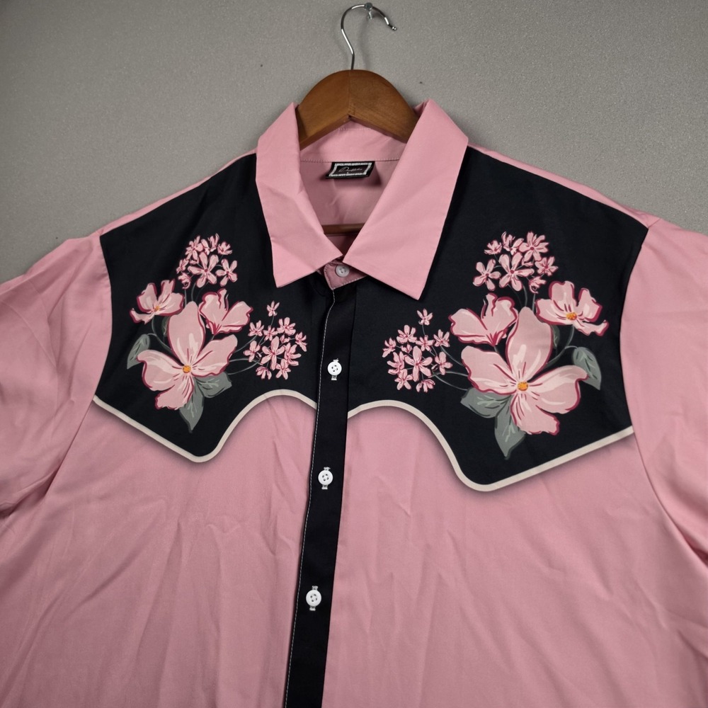 DaddyLoco Western Shirt Mens Large Pink Black Floral Yoke Retro Rockabilly Trip